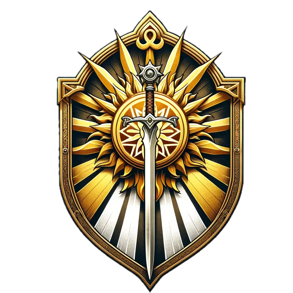 Brasão estilizado em tons dourados e terrosos. Ao centro, uma espada de lâmina prateada está cravada verticalmente, com guarda ornamentada e cabo marrom. Atrás da espada, há um sol radiante com longos raios dourados em estilo de amanhecer, simbolizando luz e renascimento. O conjunto está inserido sobre um escudo heráldico com moldura dourada e detalhes decorativos. Raios de aurora em tons claros se expandem desde o centro até a base do escudo, evocando a chegada de um novo dia.