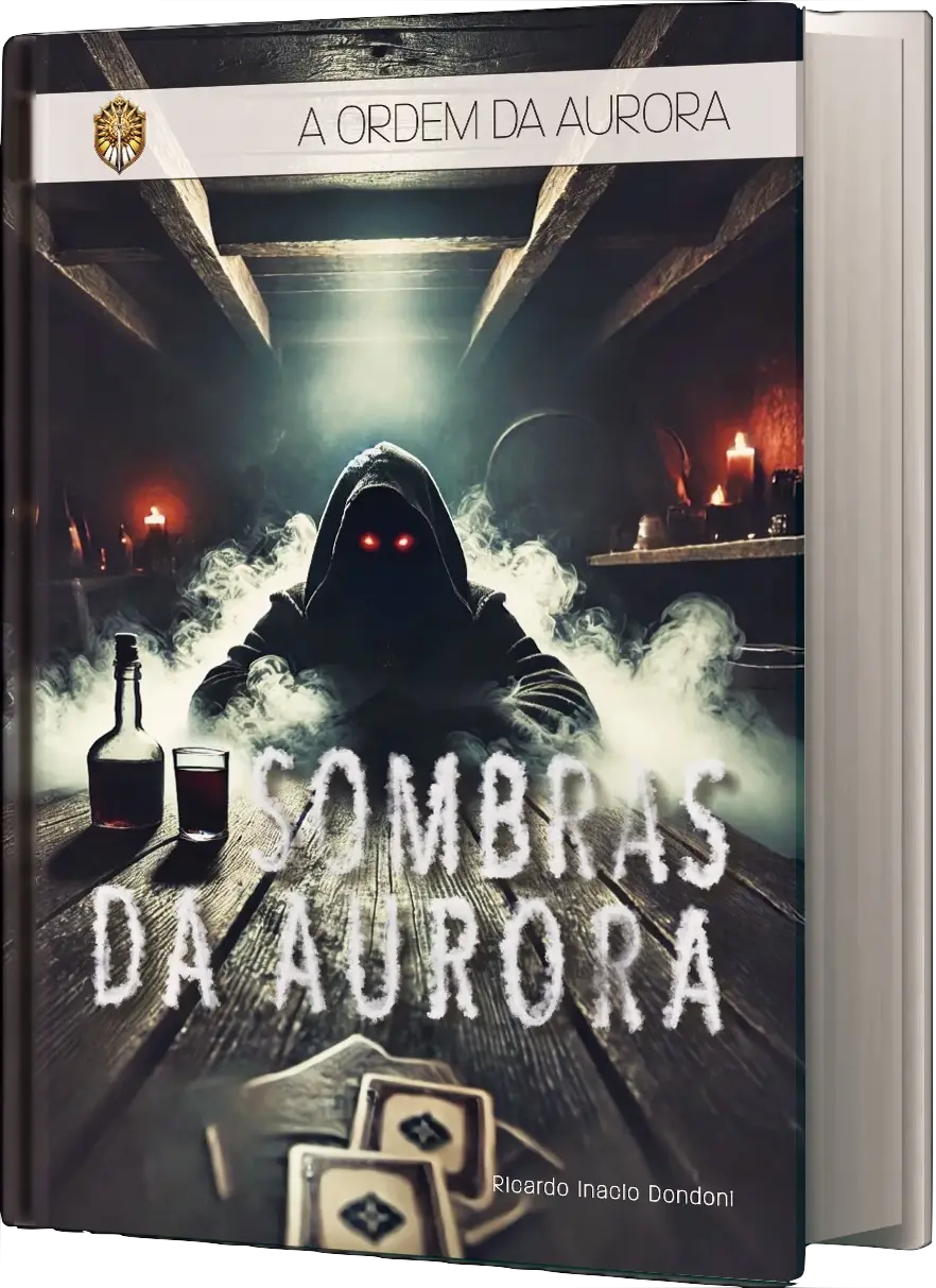 Capa do livro Sombras da Aurora, com figura sombria encapuzada, olhos vermelhos brilhantes, taça e garrafa sobre a mesa, cartas com símbolo da Ordem da Aurora e ambiente envolto em névoa.