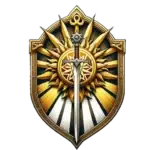 Brasão estilizado em tons dourados e terrosos. Ao centro, uma espada de lâmina prateada está cravada verticalmente, com guarda ornamentada e cabo marrom. Atrás da espada, há um sol radiante com longos raios dourados em estilo de amanhecer, simbolizando luz e renascimento. O conjunto está inserido sobre um escudo heráldico com moldura dourada e detalhes decorativos. Raios de aurora em tons claros se expandem desde o centro até a base do escudo, evocando a chegada de um novo dia.